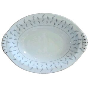 Kent Japan Normandy Oval Vegetable Bowl 11.5 Blue Gray Leaves Silver Elegance